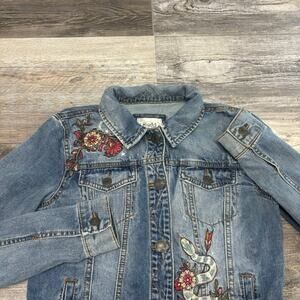 Vintage Mudd Floral Snake Light Wash Blue Red Womens S Trucker Denim Jean Jacket